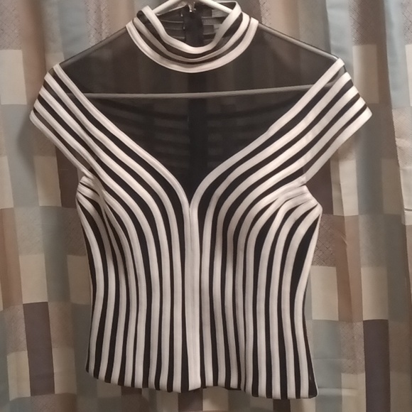 NWT JS COLLECTIONS black/white striped meshed blouse w 22" zipper . Size 6 - Picture 3 of 9